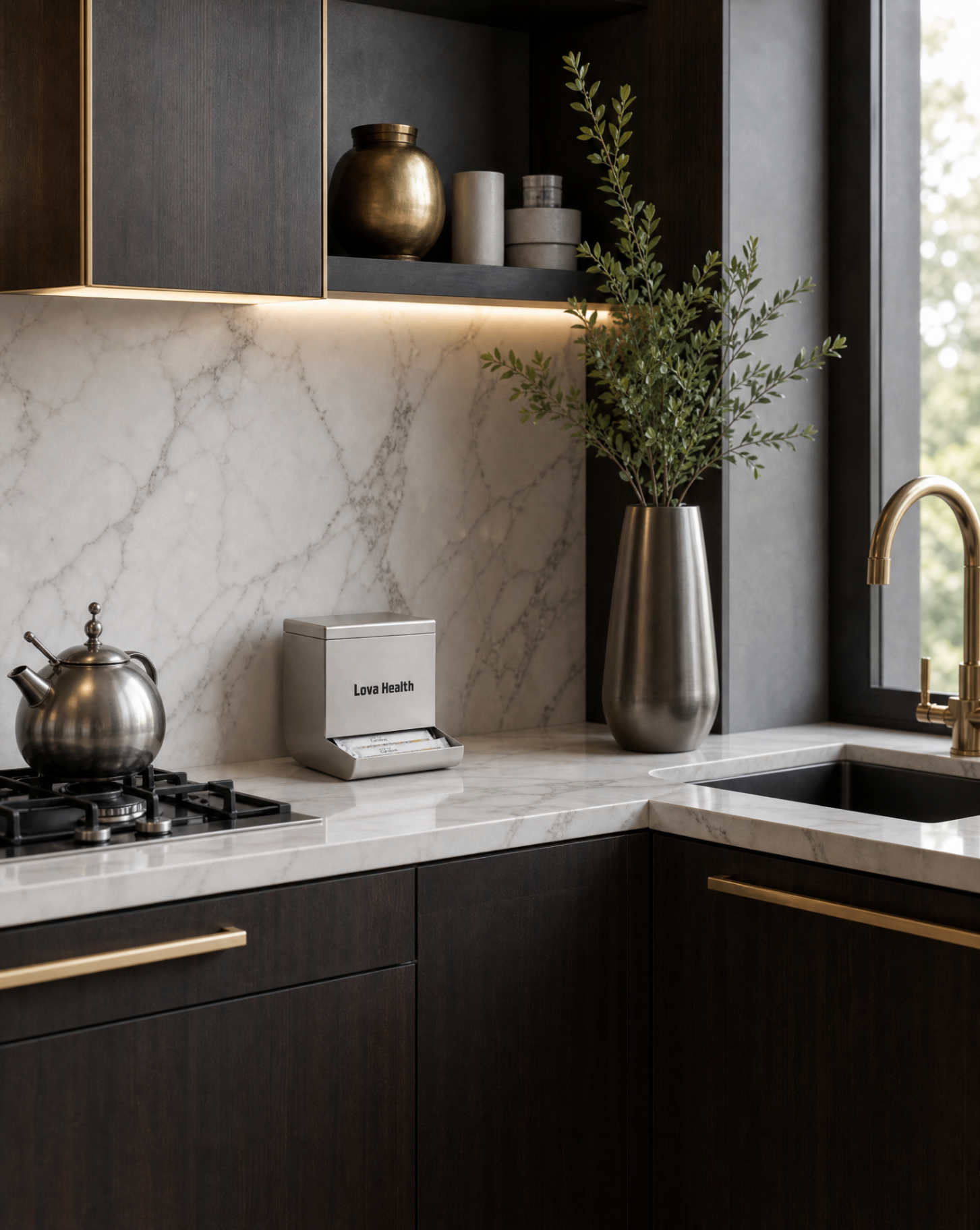 Lova Health dispenser on a kitchen counter beside a kettle