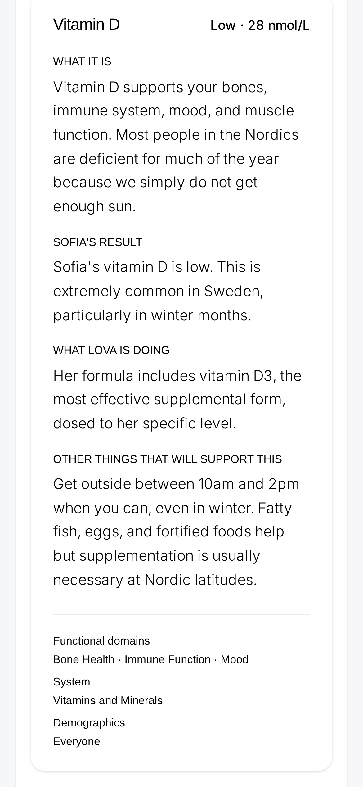 Vitamin D expanded detail in the Lova Profile mobile demo