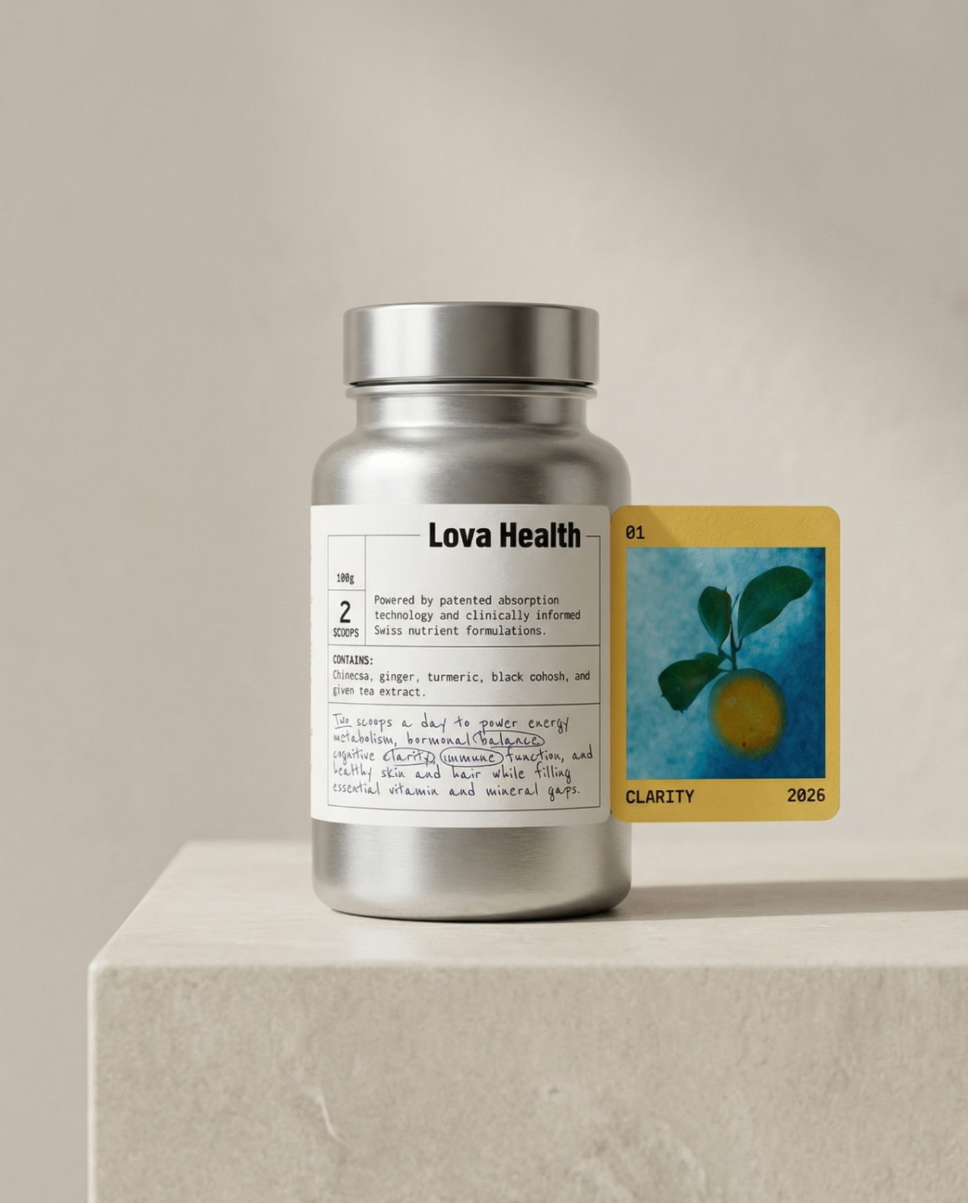 Lova Essentials Clarity bottle on a stone pedestal