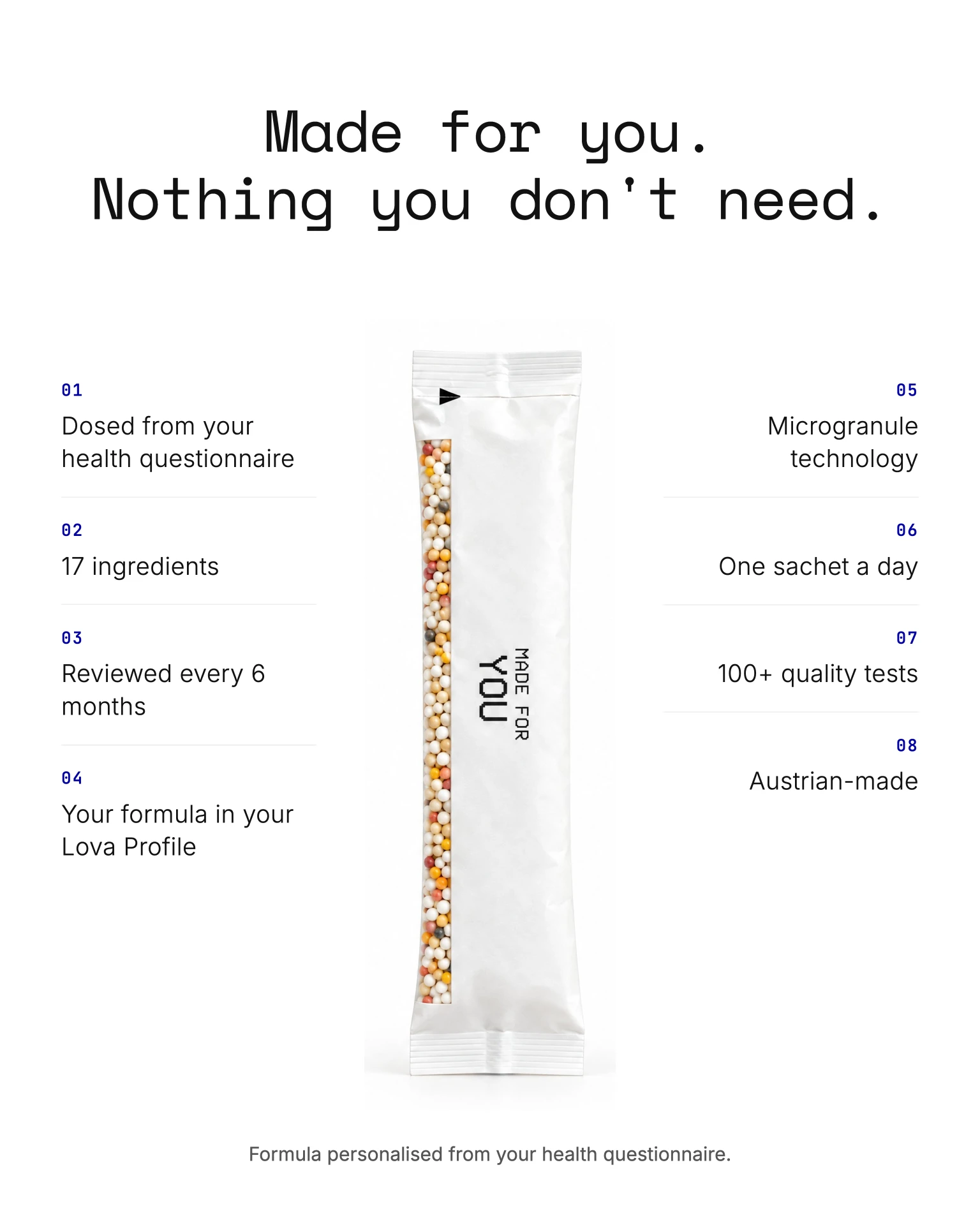 Lova Core daily sachet printed MADE FOR YOU, with 17 ingredients and microgranule technology