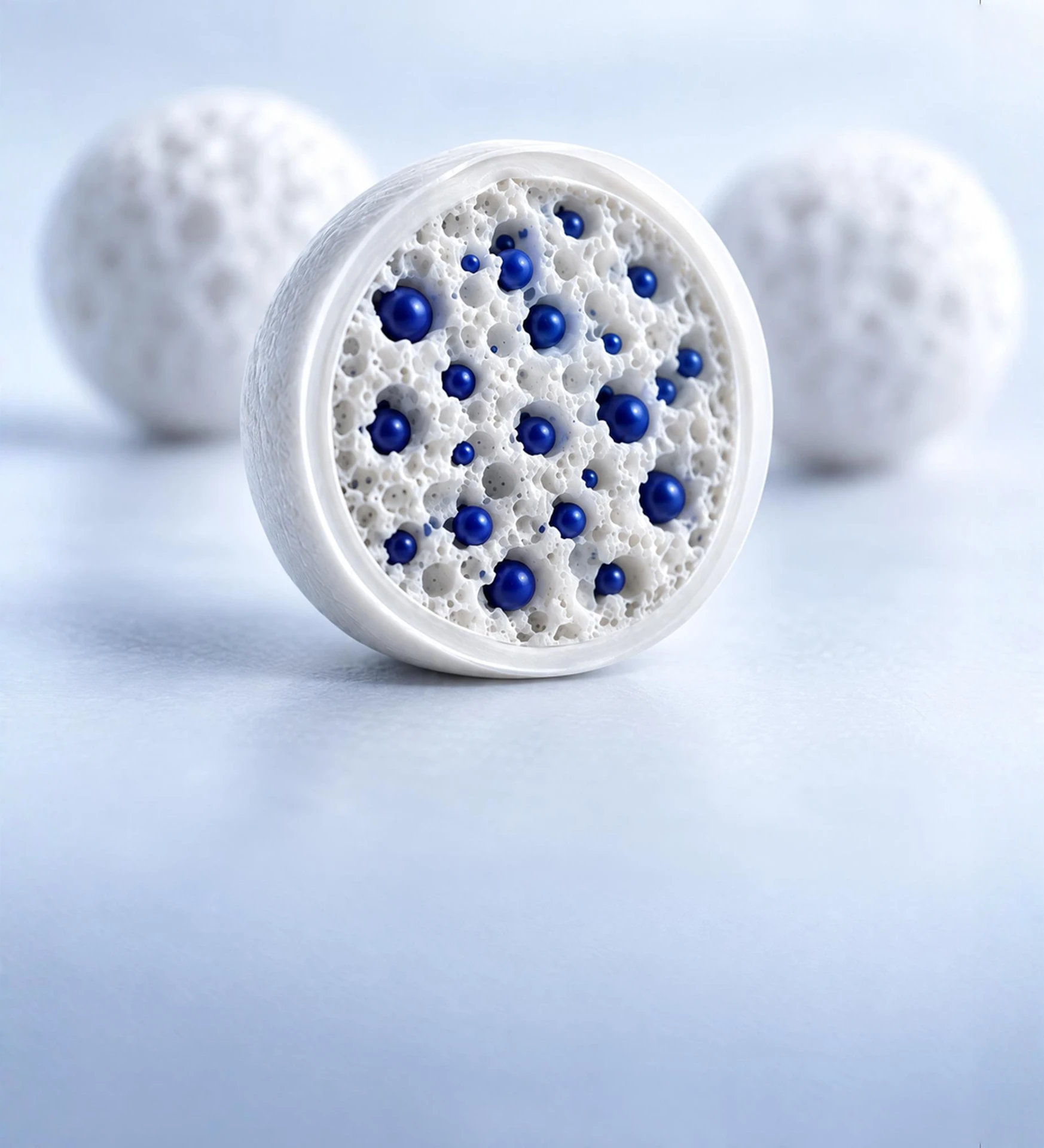 Cut-open microgranule showing individually sealed ingredients