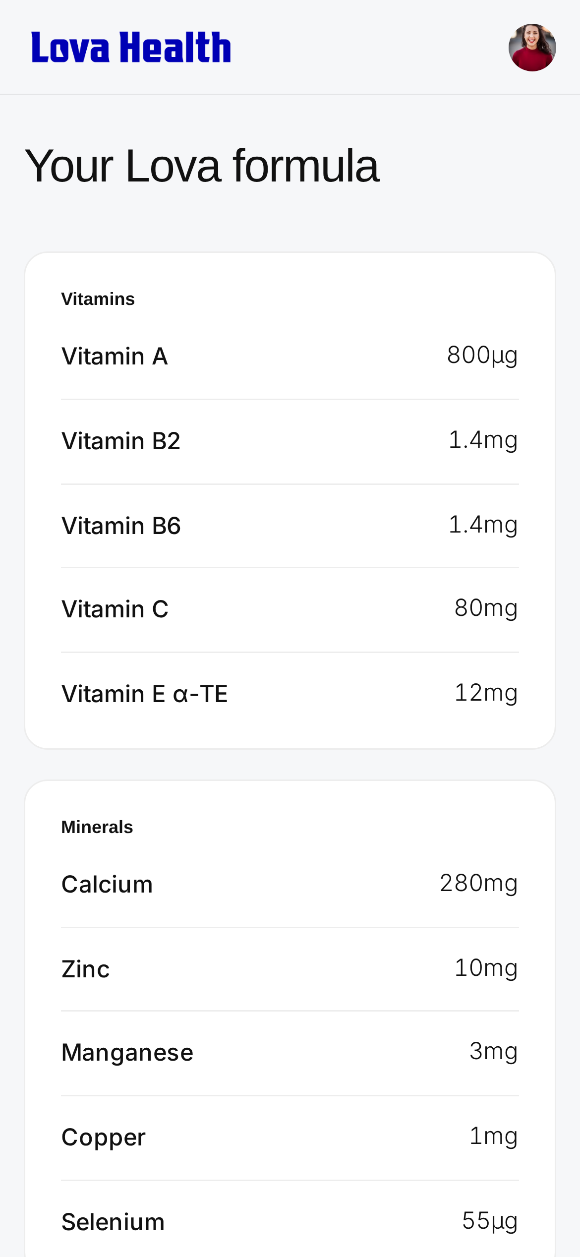 Lova Profile mobile formula listing vitamins and minerals with their doses