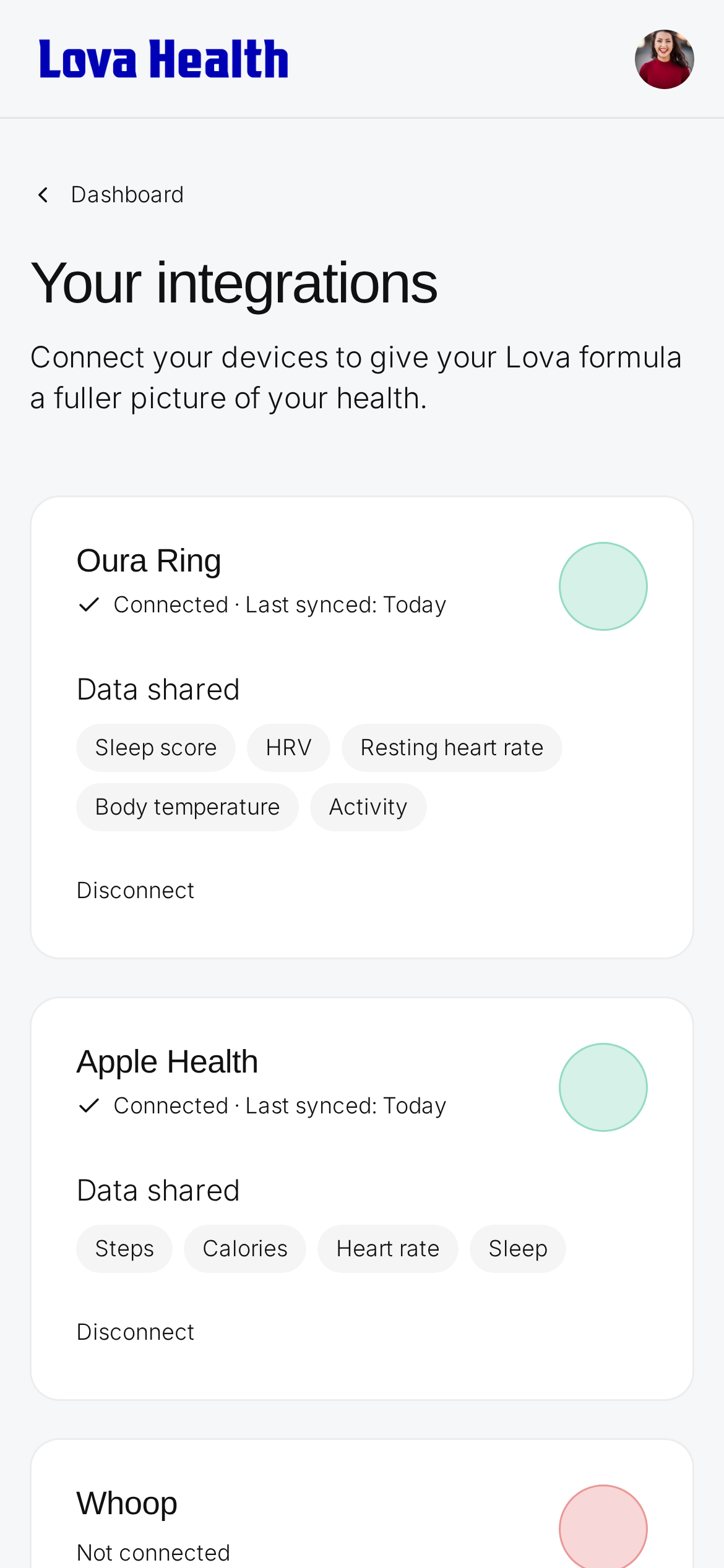 Lova Profile mobile wearable integrations