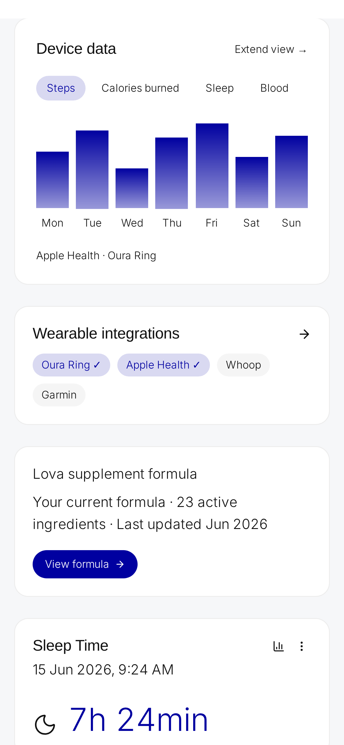 Lova Profile mobile overview with device data and supplement formula