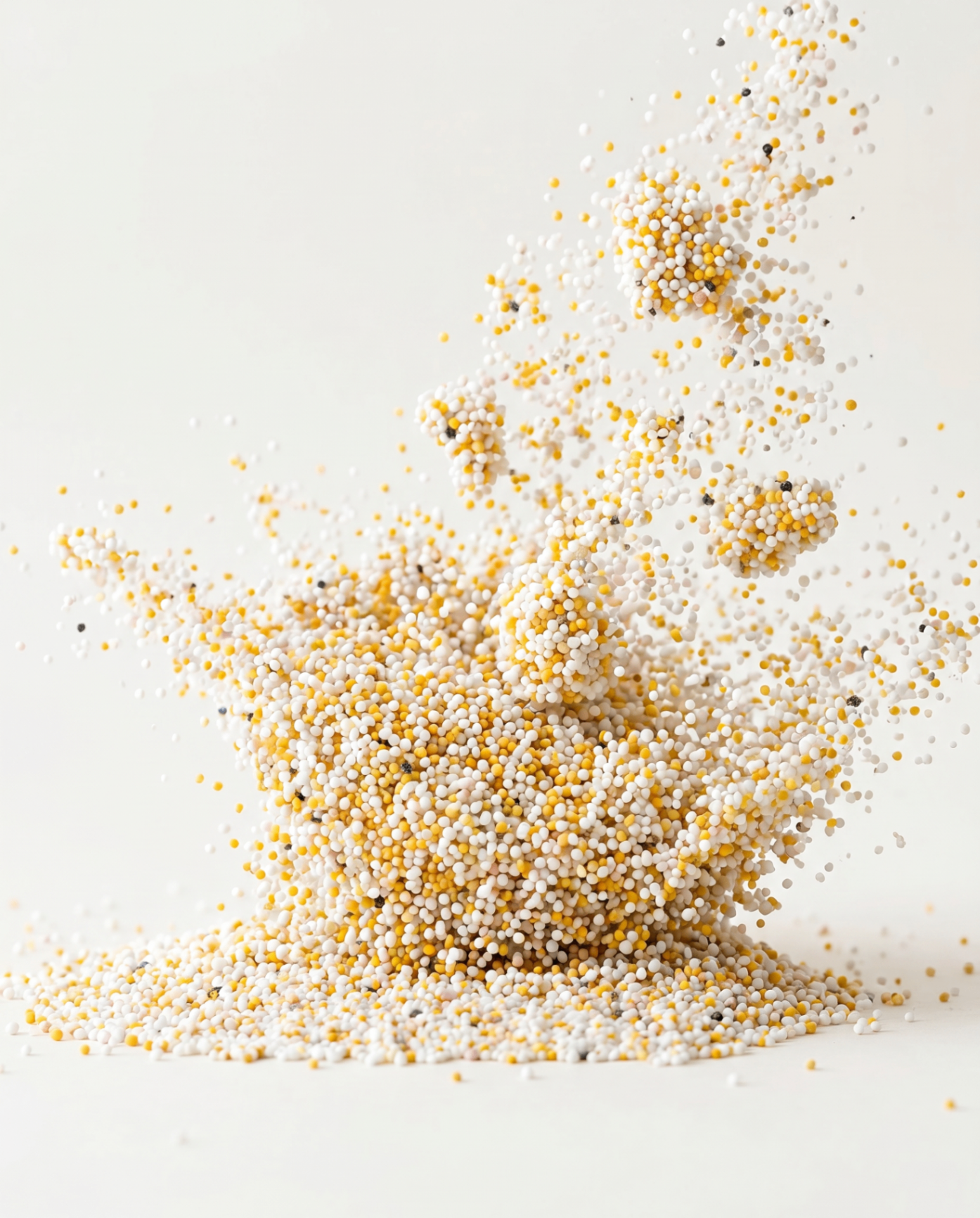 Real photo of Lova microgranules, thousands of coated white and amber spheres mid-air against a soft neutral background