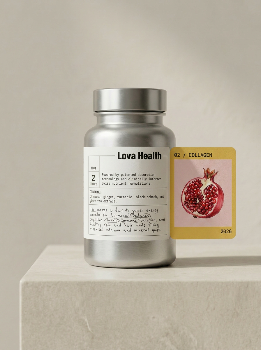 Lova Collagen bottle on stone plinth with pomegranate illustration card