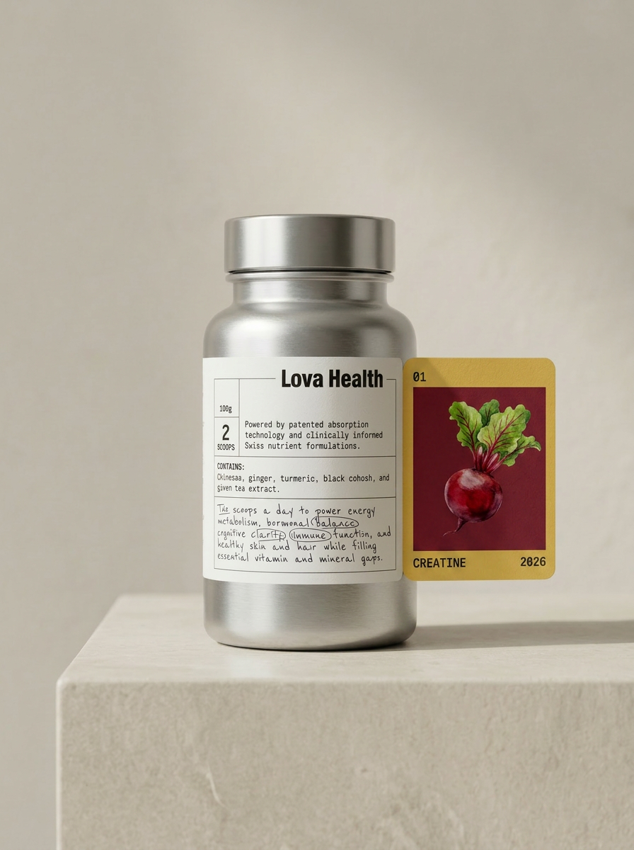 Lova Creatine bottle on stone plinth with beet illustration card