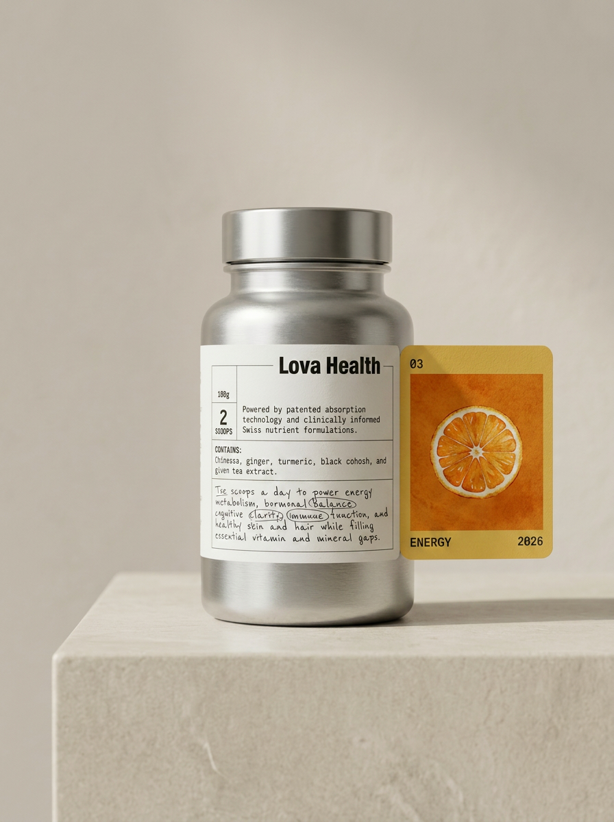 Lova Energy bottle on stone plinth with orange illustration card