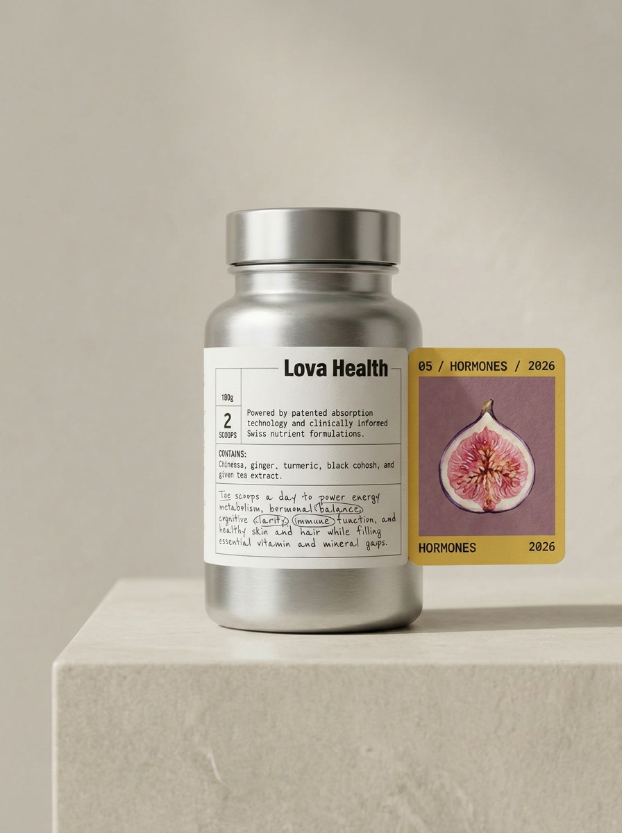 Lova Hormones bottle on stone plinth with fig illustration card