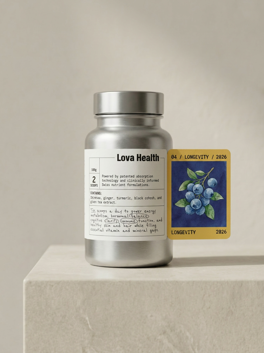Lova Longevity bottle on stone plinth with blueberries illustration card